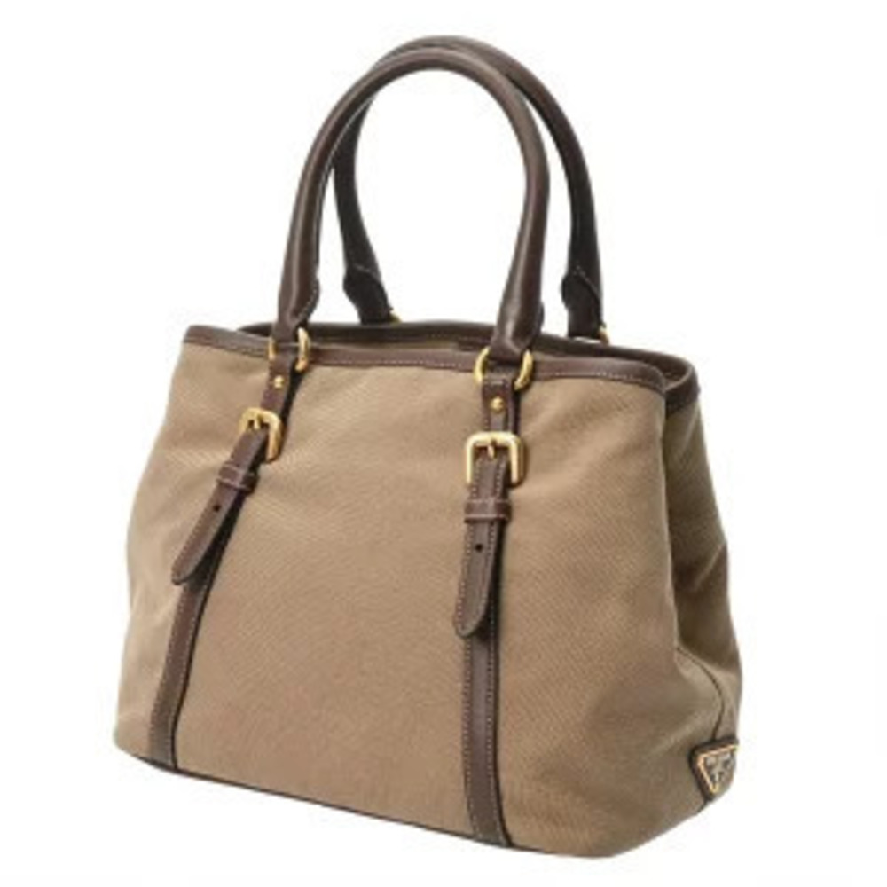 Prada Jacquard Handbag Beige Tote Leather Logo Bag Brown